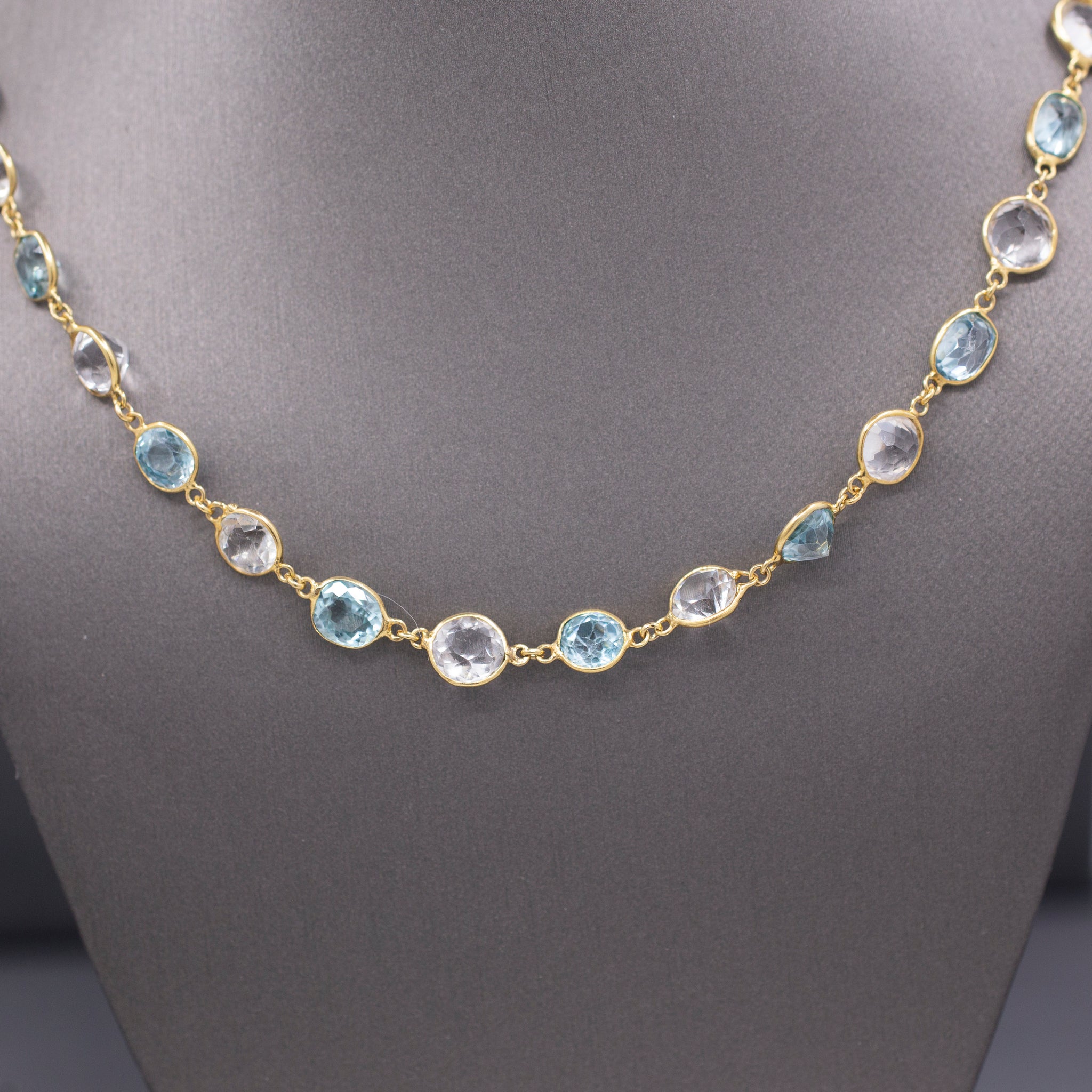 Vintage Sparkling Blue and White Zircon Necklace in 14k Yellow Gold