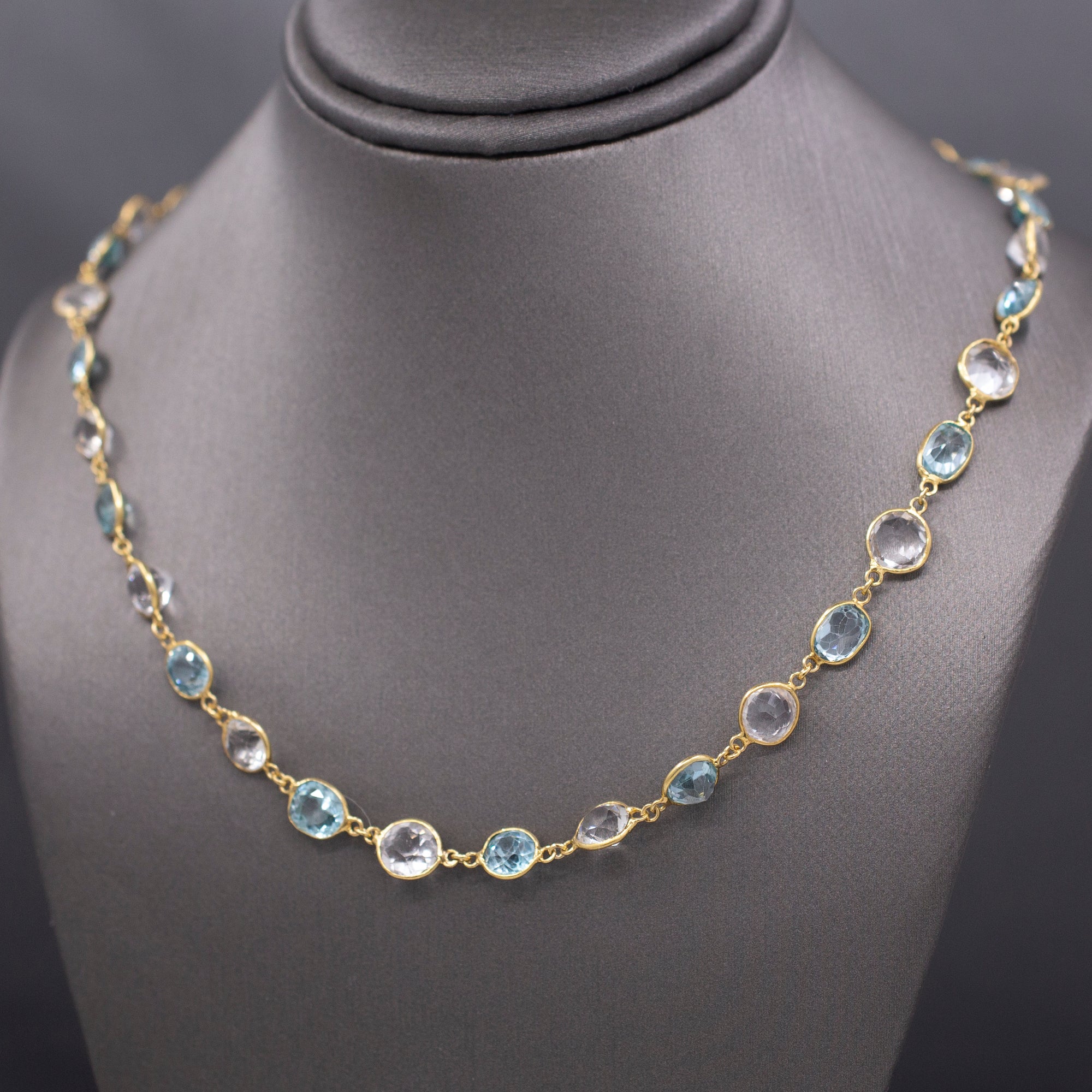 Vintage Sparkling Blue and White Zircon Necklace in 14k Yellow Gold