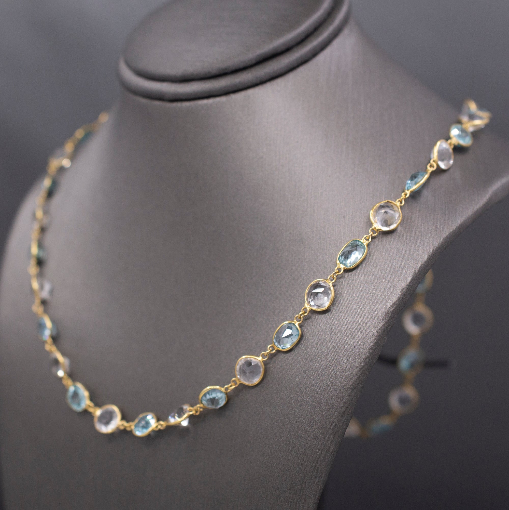 Vintage Sparkling Blue and White Zircon Necklace in 14k Yellow Gold