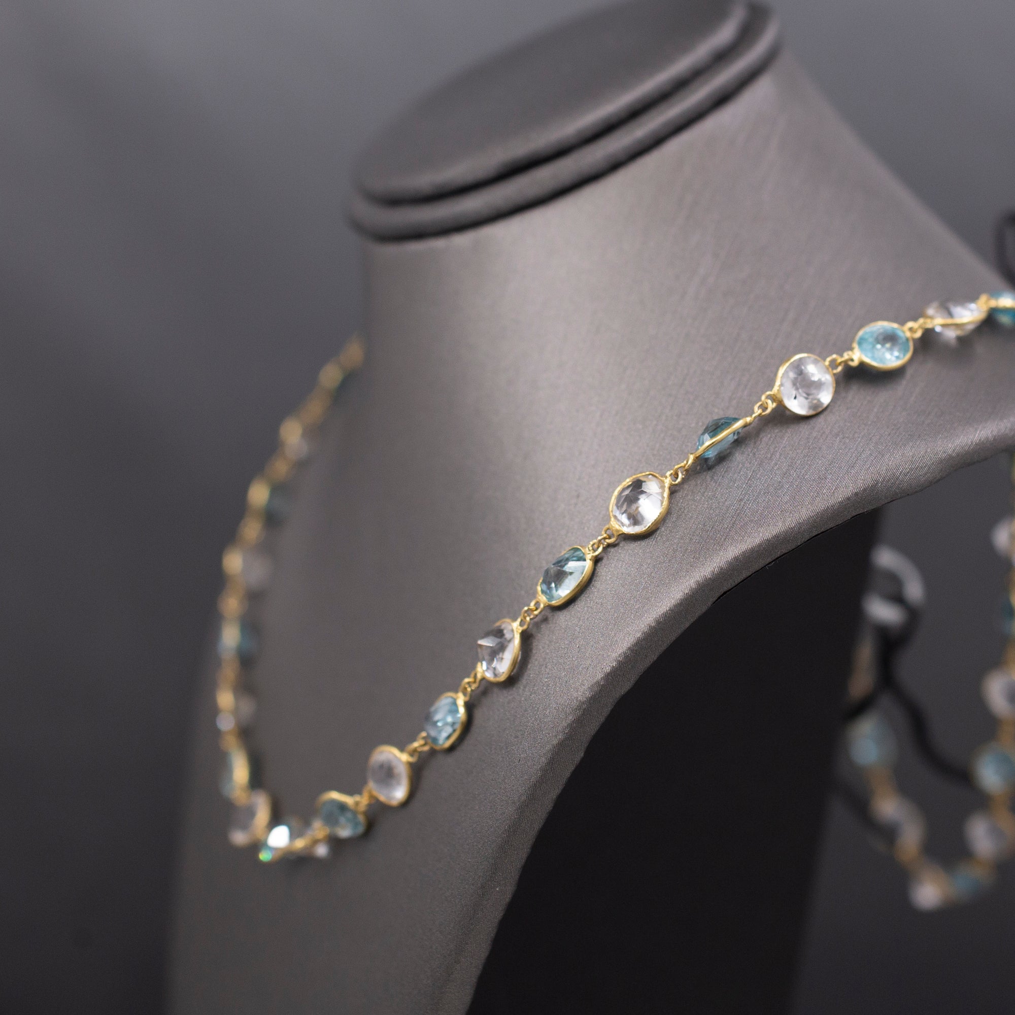 Vintage Sparkling Blue and White Zircon Necklace in 14k Yellow Gold