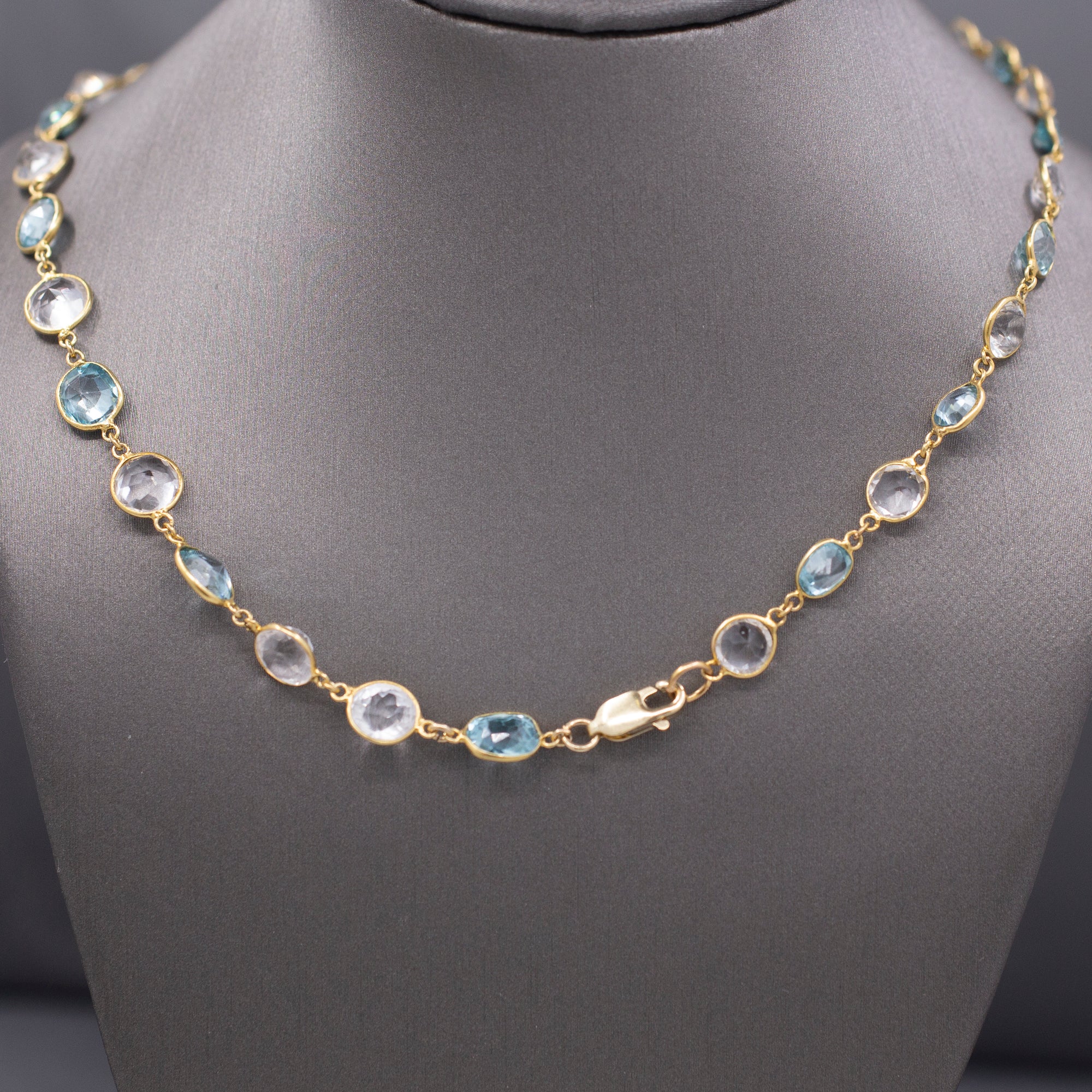 Vintage Sparkling Blue and White Zircon Necklace in 14k Yellow Gold