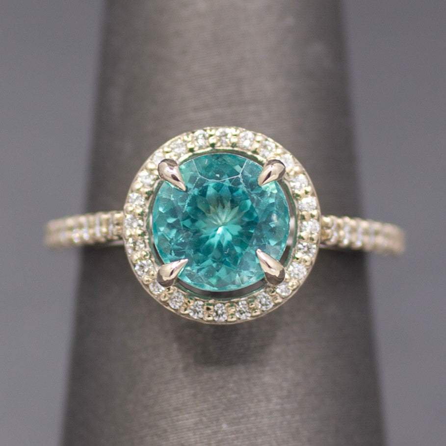 Super Sparkly Portuguese Cut Apatite and Diamond Ring in 14k White Gold