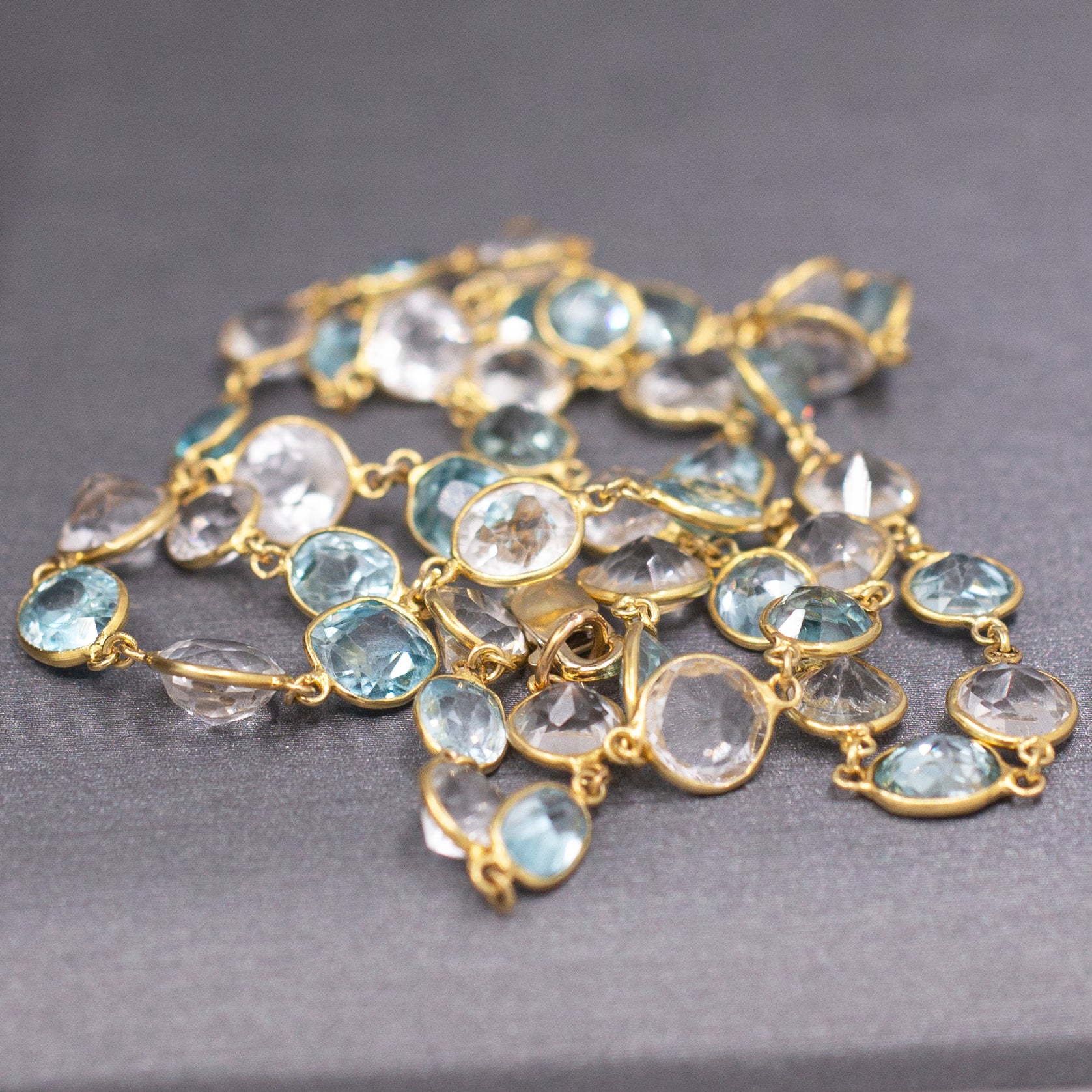 Vintage Sparkling Blue and White Zircon Necklace in 14k Yellow Gold
