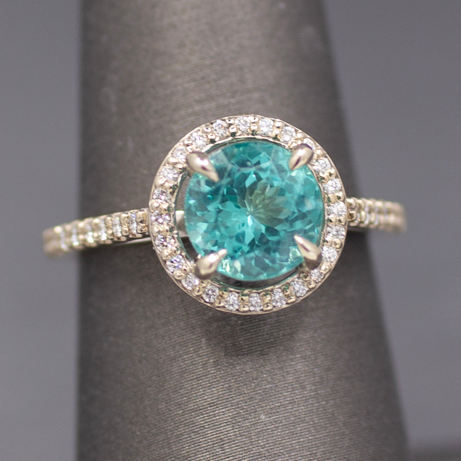 Super Sparkly Portuguese Cut Apatite and Diamond Ring in 14k White Gold