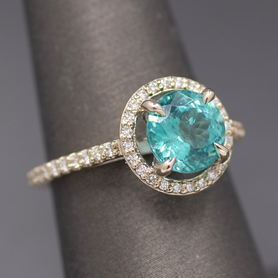 Super Sparkly Portuguese Cut Apatite and Diamond Ring in 14k White Gold
