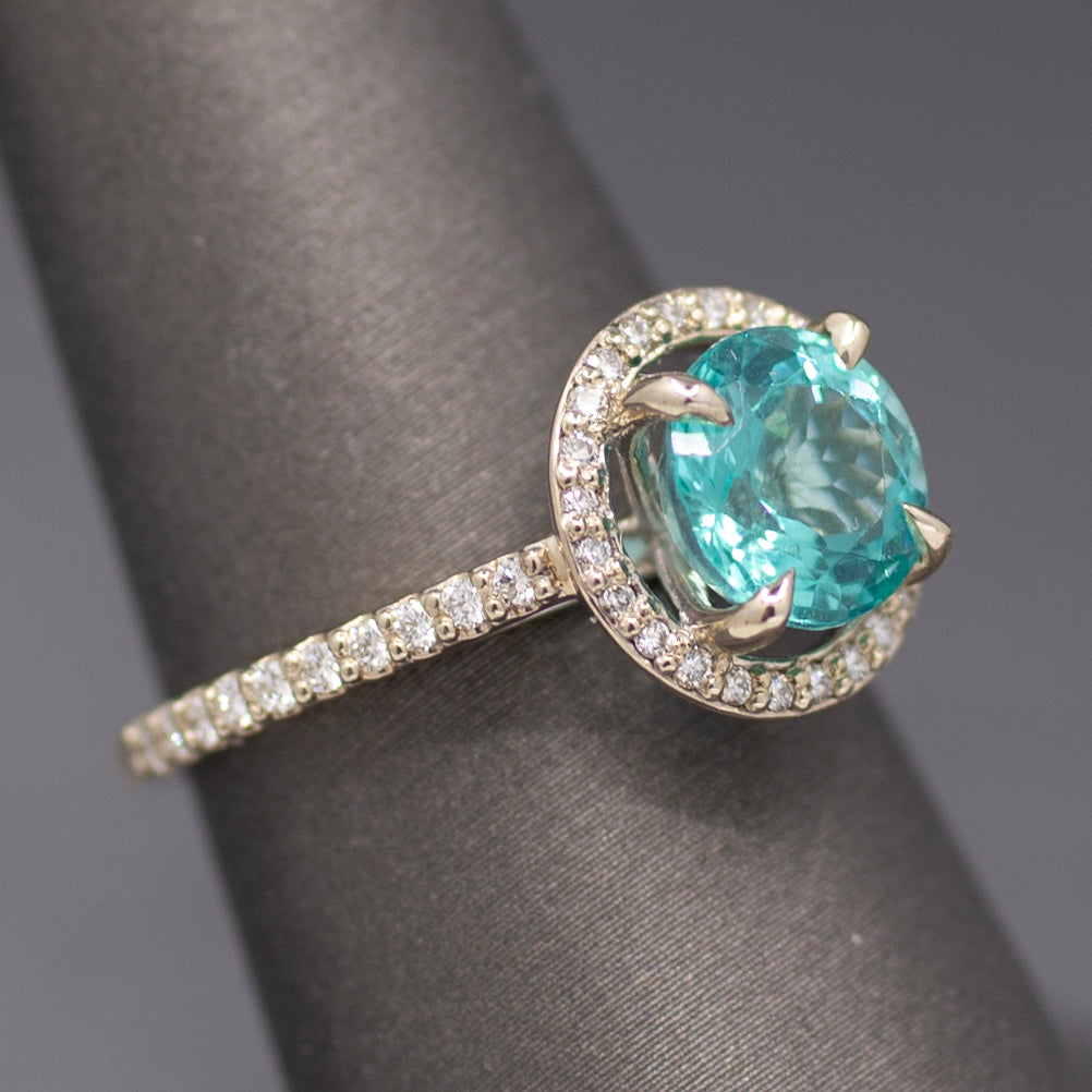 Super Sparkly Portuguese Cut Apatite and Diamond Ring in 14k White Gold