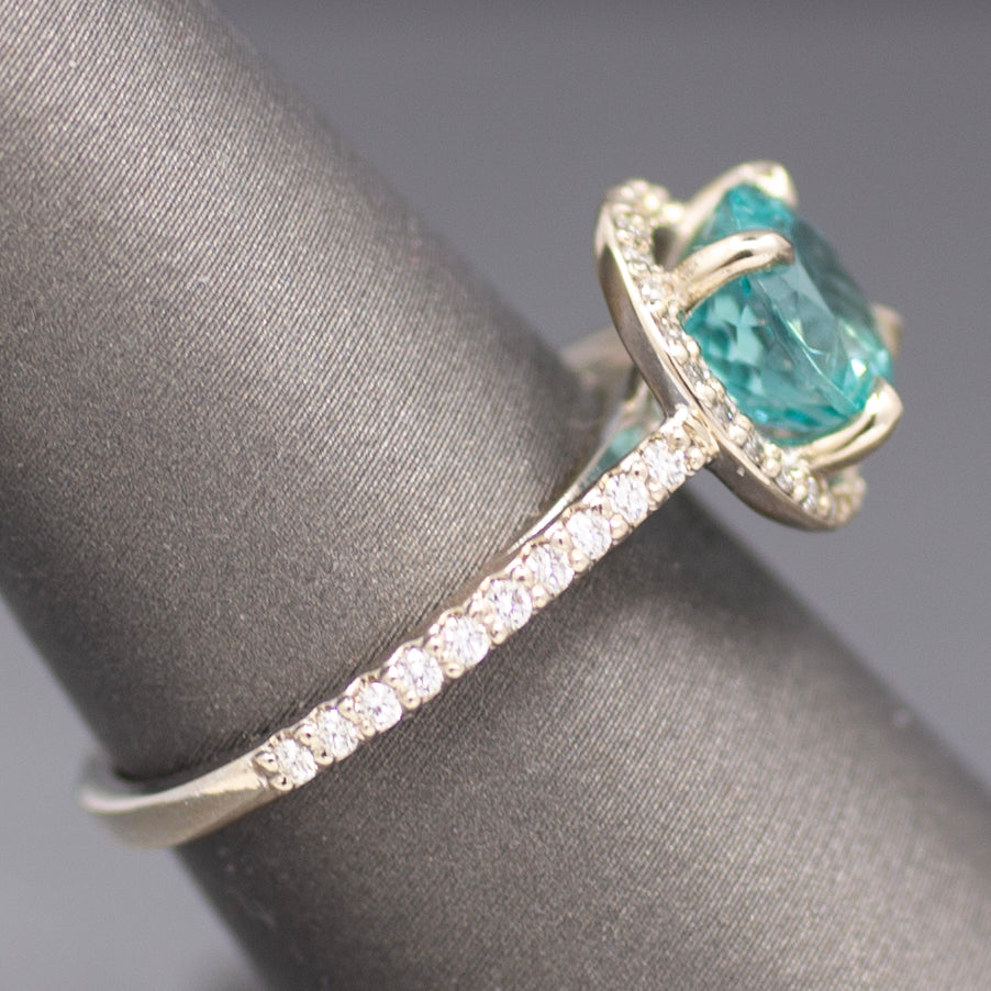 Super Sparkly Portuguese Cut Apatite and Diamond Ring in 14k White Gold
