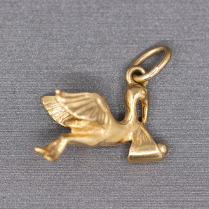 Vintage Stork Carrying Baby Charm Pendant in 14k Yellow Gold