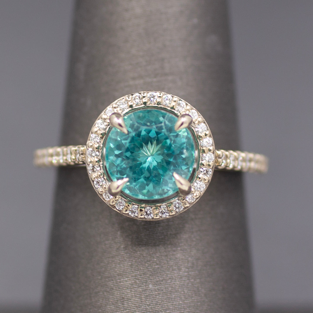 Super Sparkly Portuguese Cut Apatite and Diamond Ring in 14k White Gold