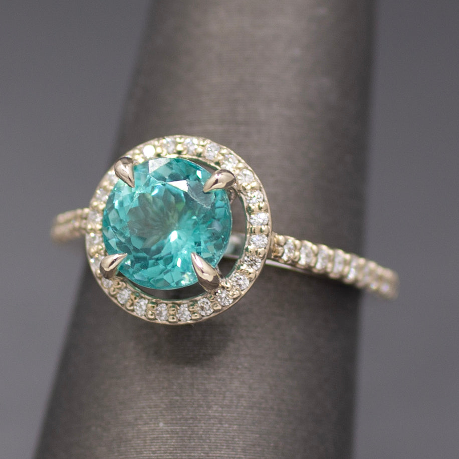 Super Sparkly Portuguese Cut Apatite and Diamond Ring in 14k White Gold
