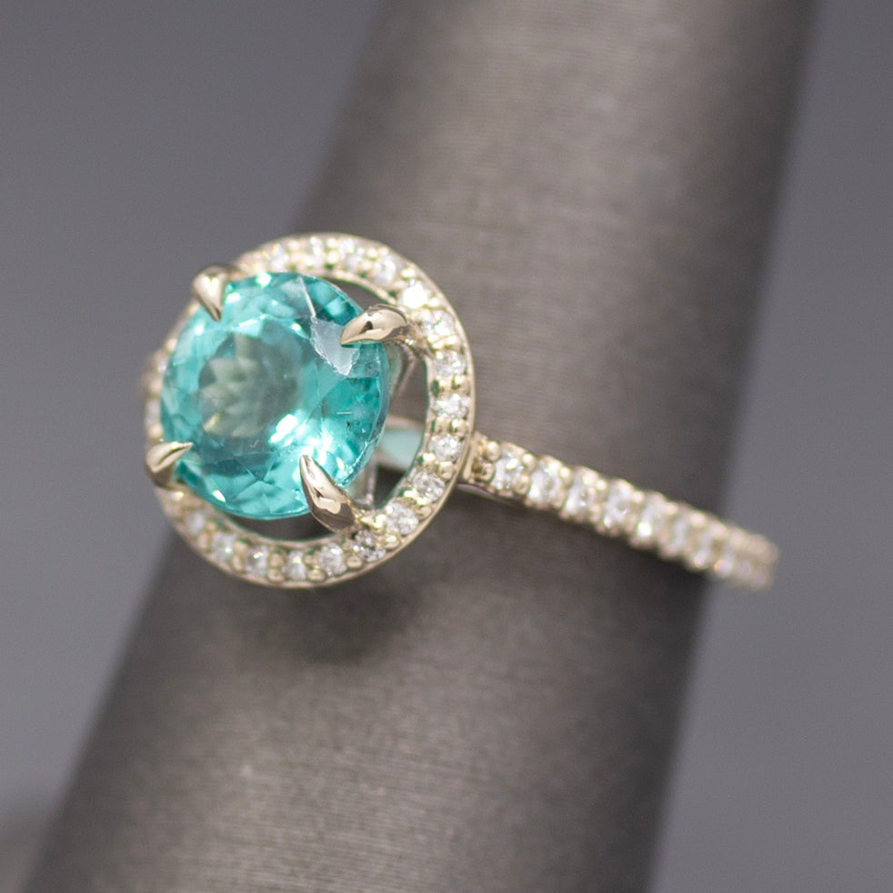 Super Sparkly Portuguese Cut Apatite and Diamond Ring in 14k White Gold