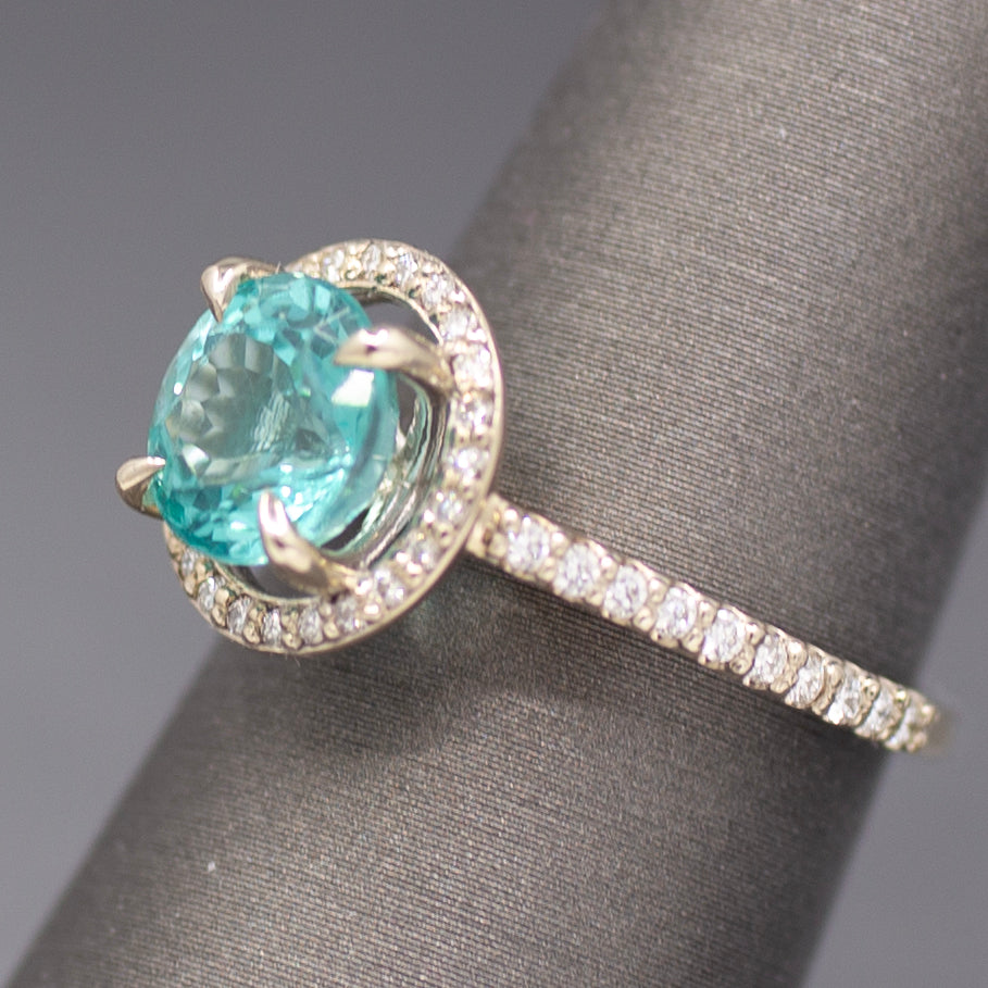 Super Sparkly Portuguese Cut Apatite and Diamond Ring in 14k White Gold