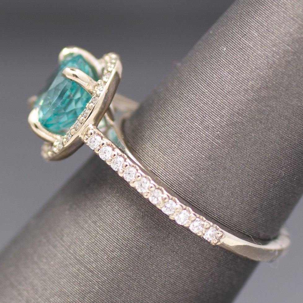 Super Sparkly Portuguese Cut Apatite and Diamond Ring in 14k White Gold