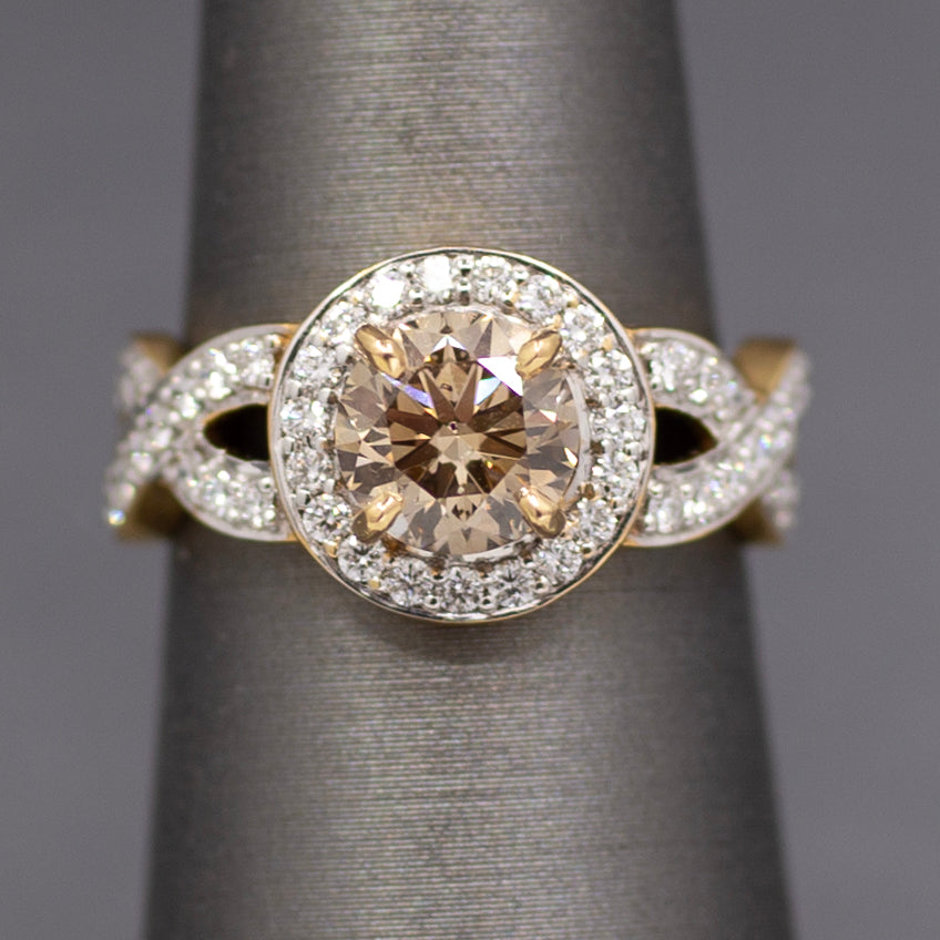 Fancy Light Brown and White Diamond Cross Over Ring in 18k Yellow Gold