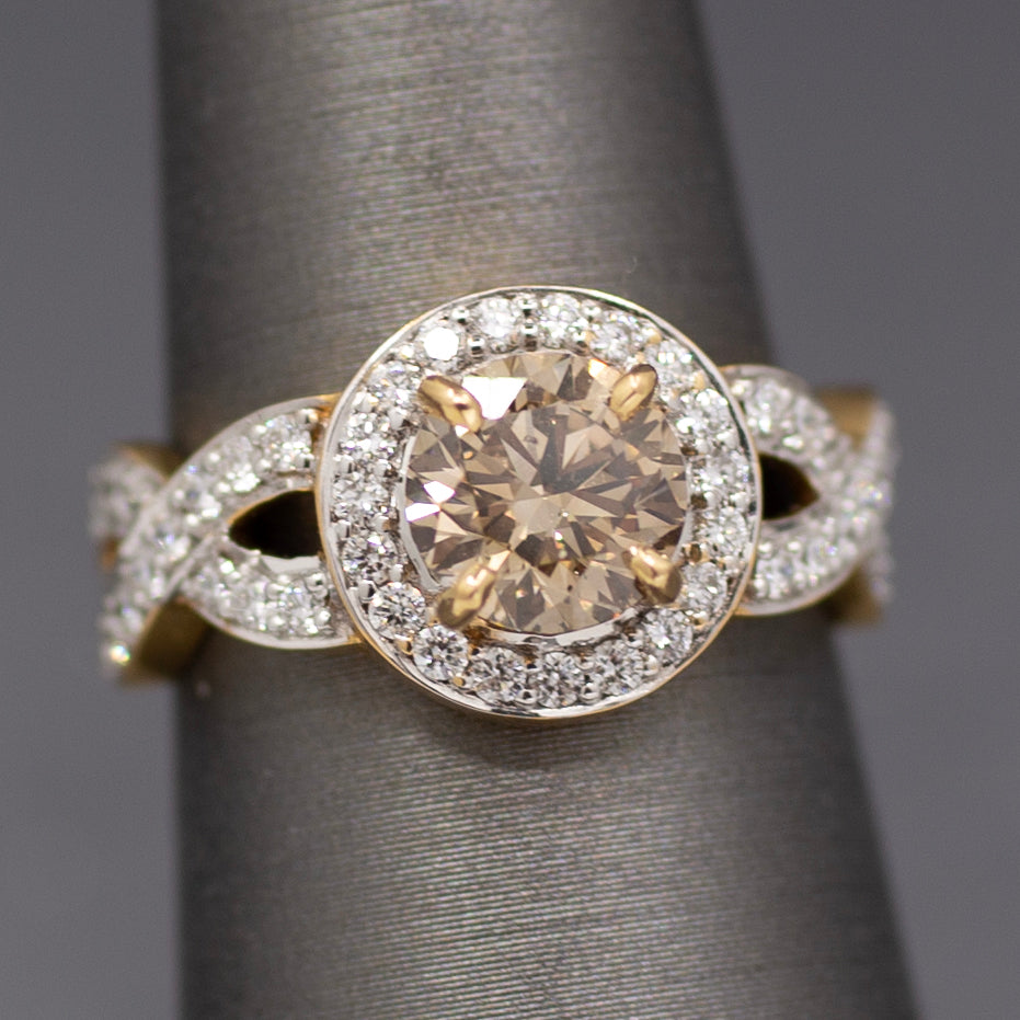 Fancy Light Brown and White Diamond Cross Over Ring in 18k Yellow Gold