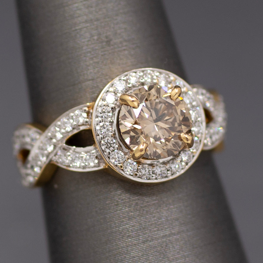 Fancy Light Brown and White Diamond Cross Over Ring in 18k Yellow Gold