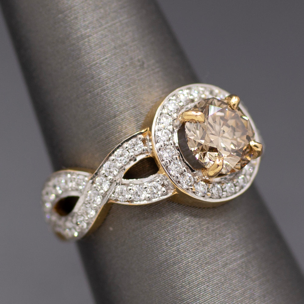 Fancy Light Brown and White Diamond Cross Over Ring in 18k Yellow Gold