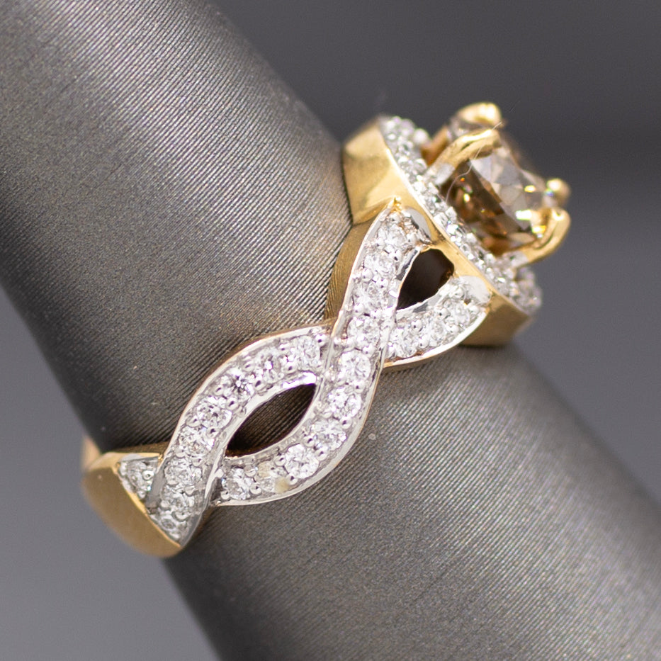 Fancy Light Brown and White Diamond Cross Over Ring in 18k Yellow Gold