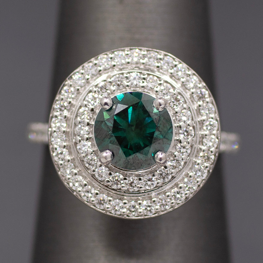 Fancy Teal Green Blue and White Natural Diamond Double Halo Ring in 18k White Gold