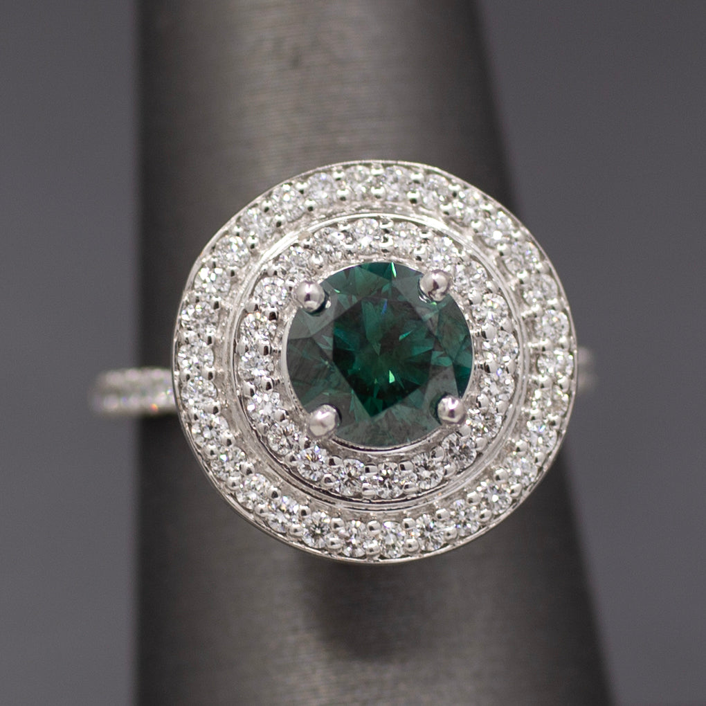 Fancy Teal Green Blue and White Natural Diamond Double Halo Ring in 18k White Gold