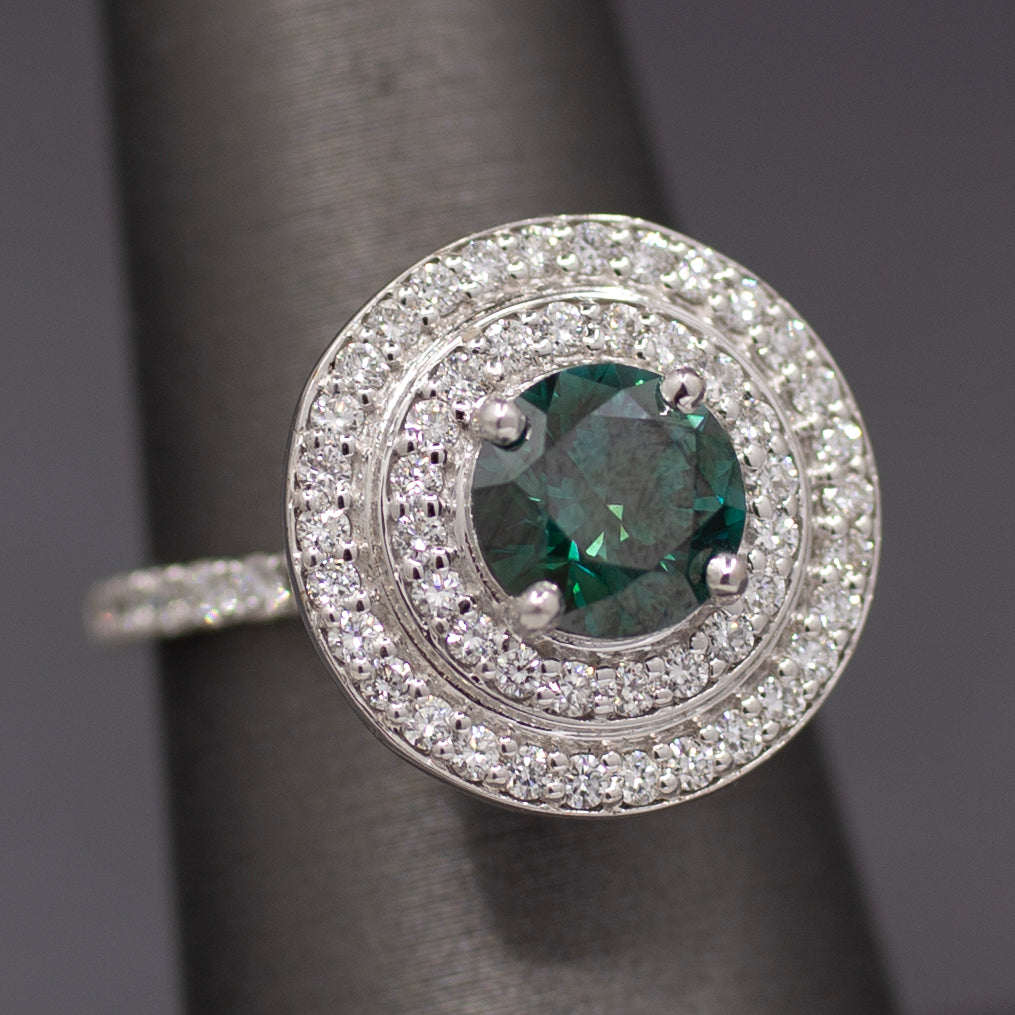 Fancy Teal Green Blue and White Natural Diamond Double Halo Ring in 18k White Gold