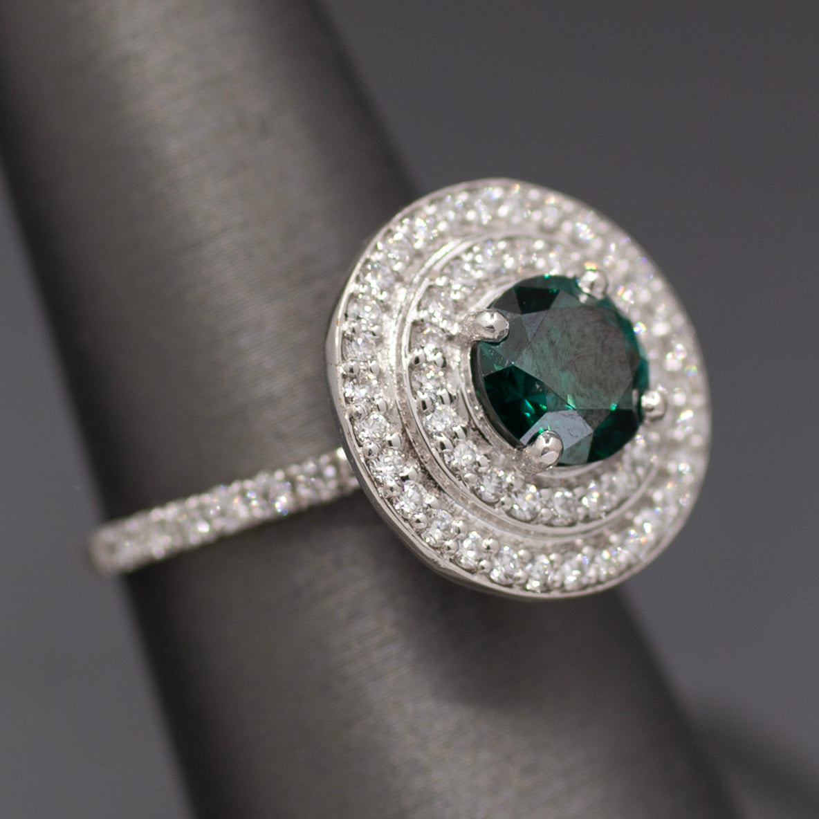 Fancy Teal Green Blue and White Natural Diamond Double Halo Ring in 18k White Gold