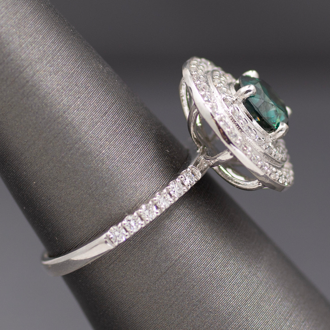 Fancy Teal Green Blue and White Natural Diamond Double Halo Ring in 18k White Gold