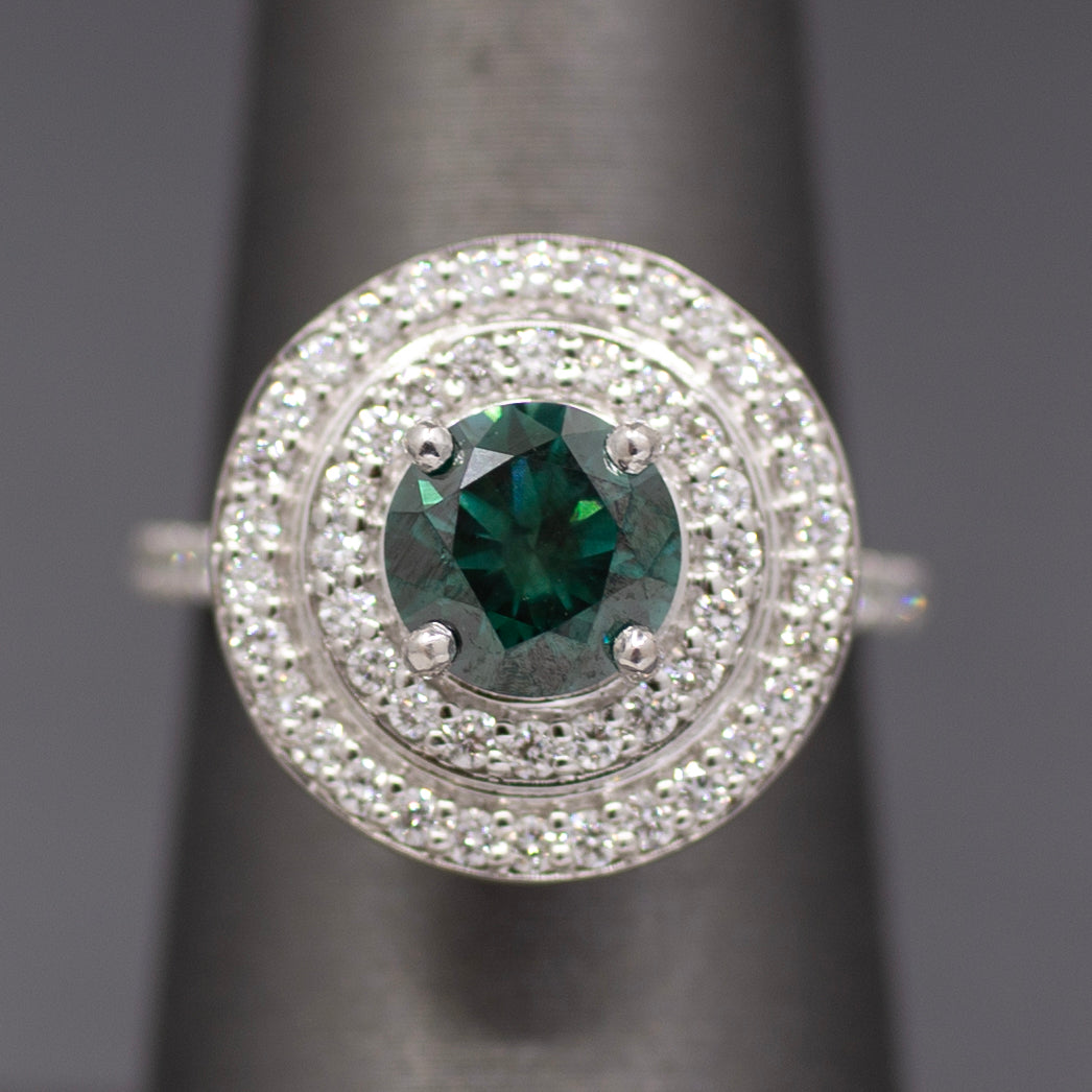 Fancy Teal Green Blue and White Natural Diamond Double Halo Ring in 18k White Gold
