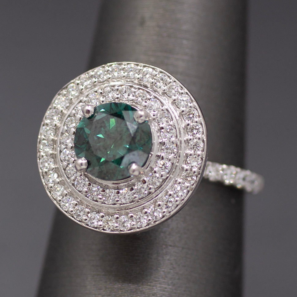 Fancy Teal Green Blue and White Natural Diamond Double Halo Ring in 18k White Gold