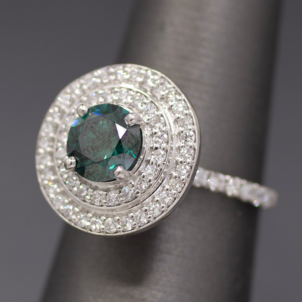 Fancy Teal Green Blue and White Natural Diamond Double Halo Ring in 18k White Gold