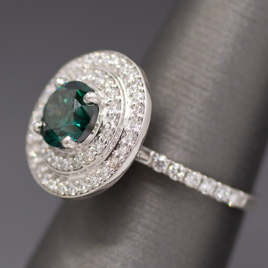 Fancy Teal Green Blue and White Natural Diamond Double Halo Ring in 18k White Gold