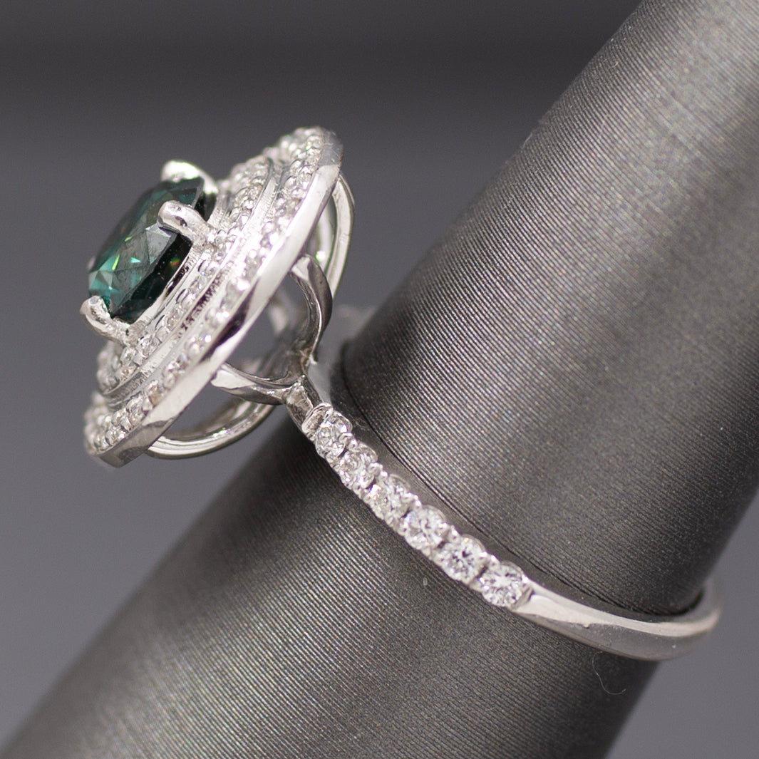 Fancy Teal Green Blue and White Natural Diamond Double Halo Ring in 18k White Gold