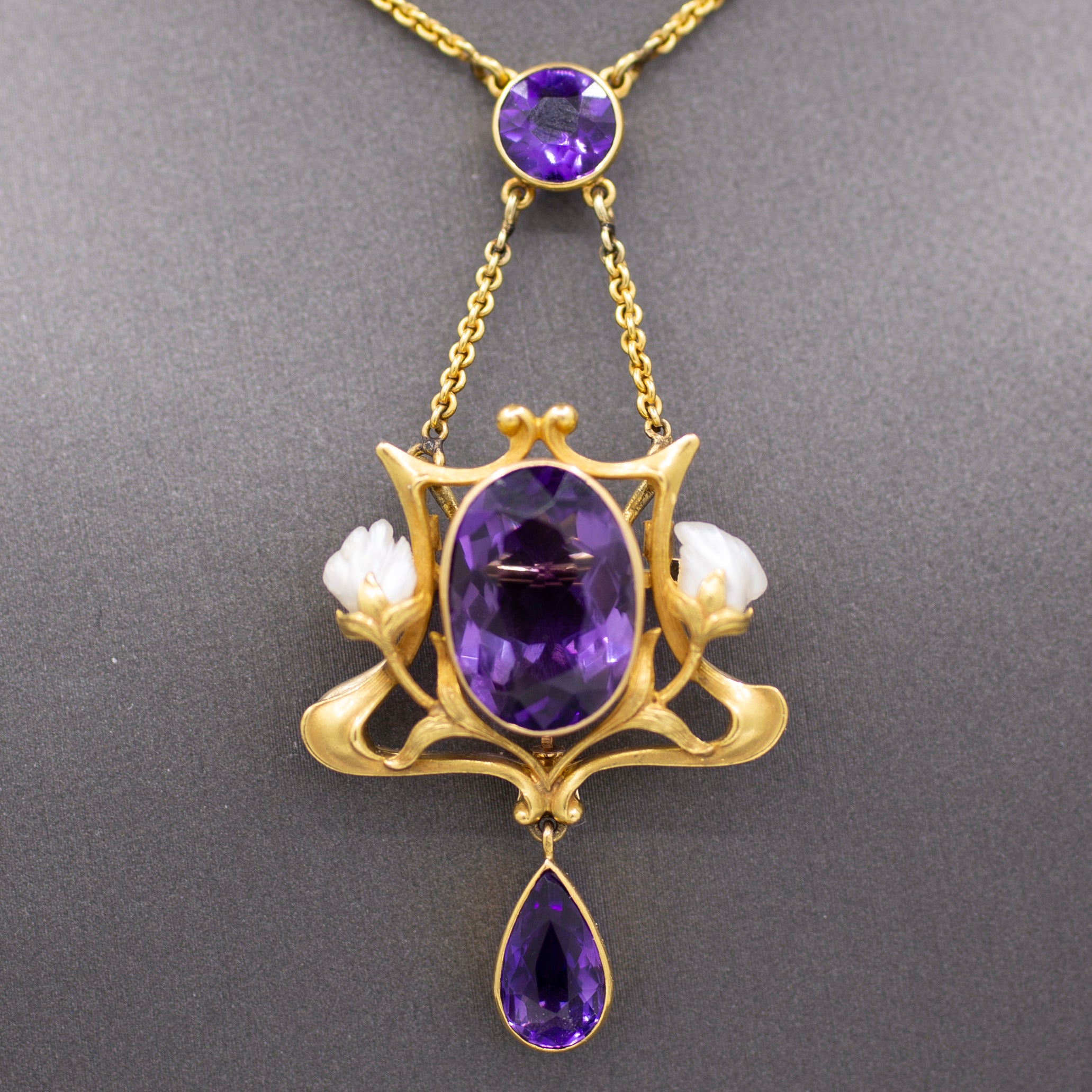 Fantastic Art Nouveau Amethyst and Natural Pearl Pendant Necklace
