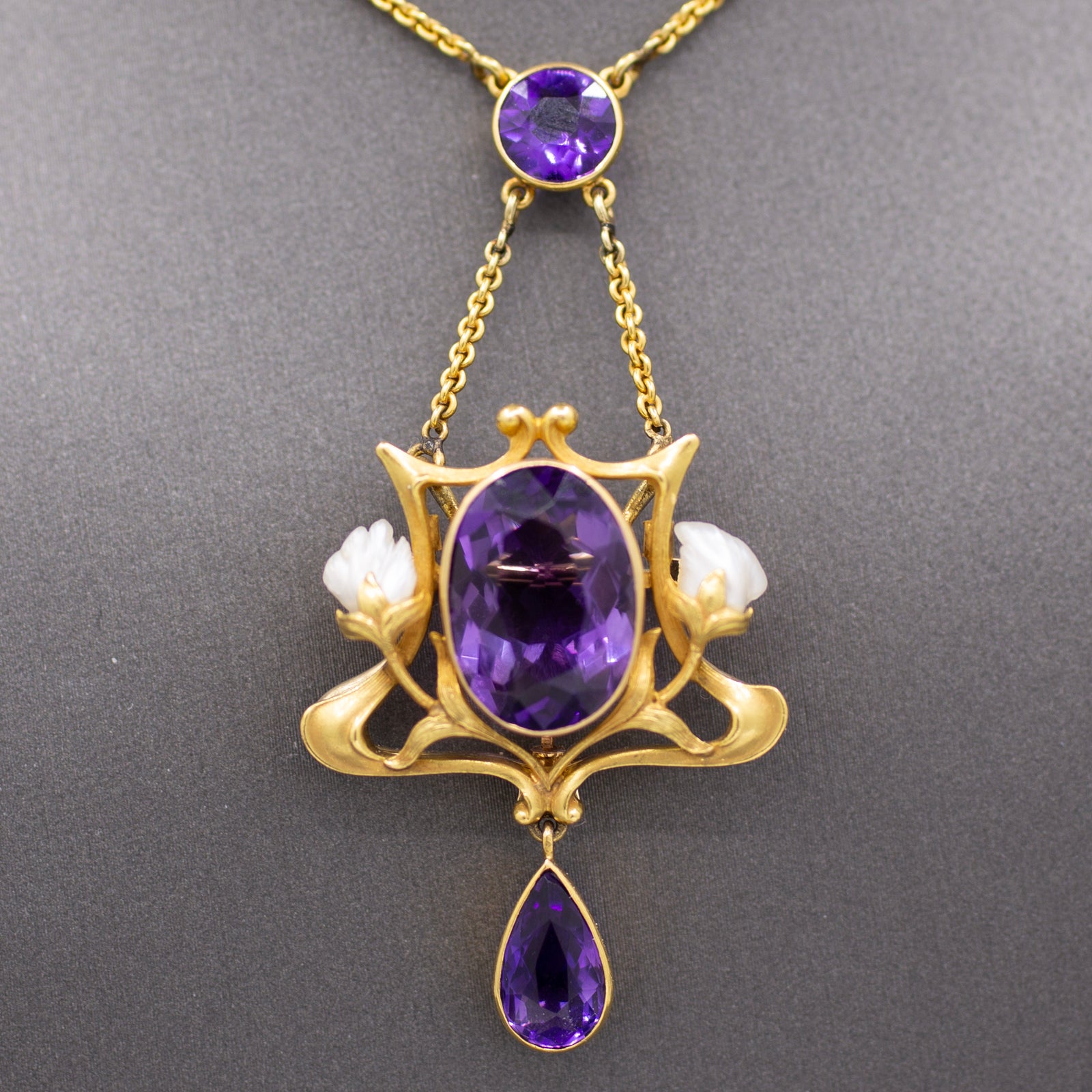 Fantastic Art Nouveau Amethyst and Natural Pearl Pendant Necklace and Brooch