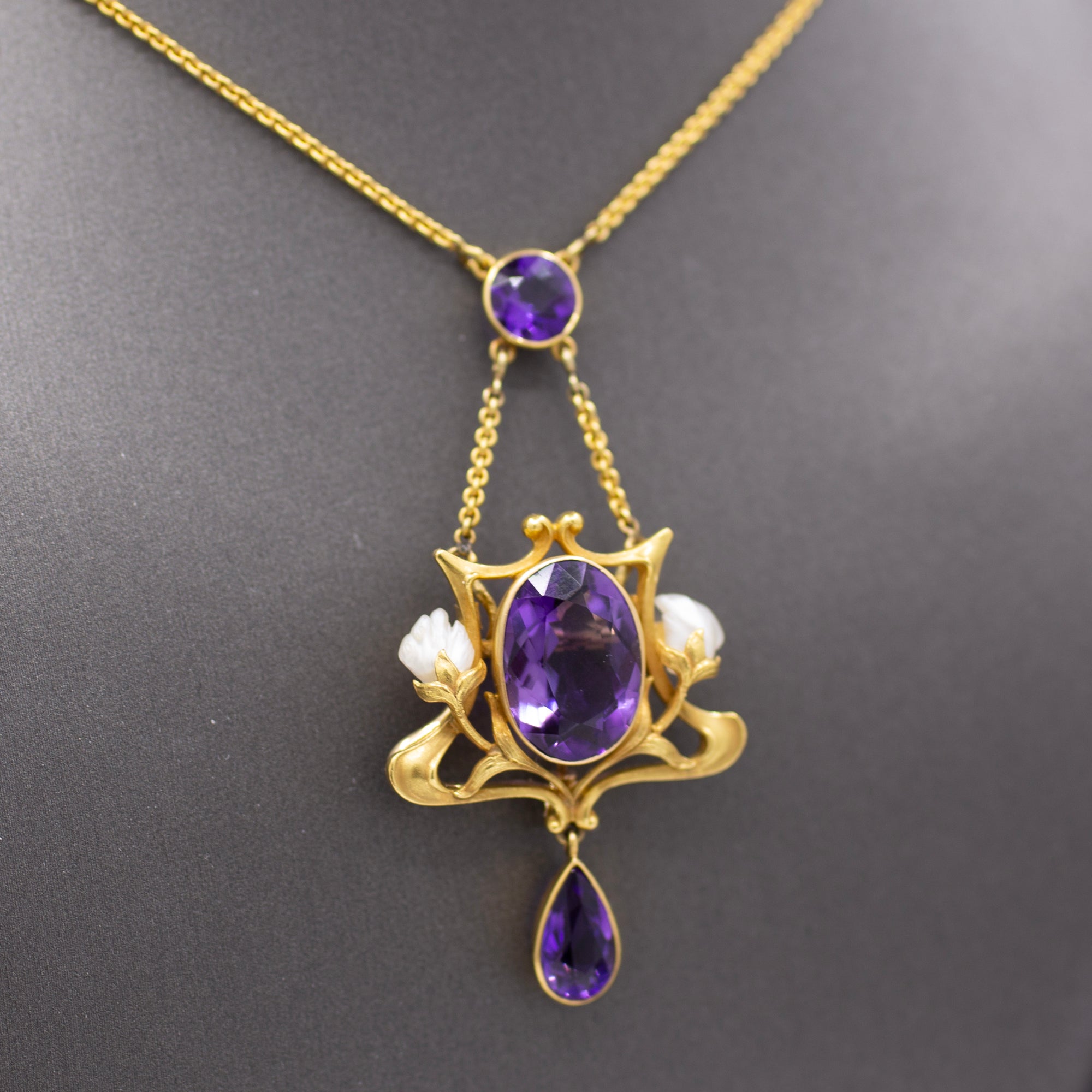 Fantastic Art Nouveau Amethyst and Natural Pearl Pendant Necklace and Brooch