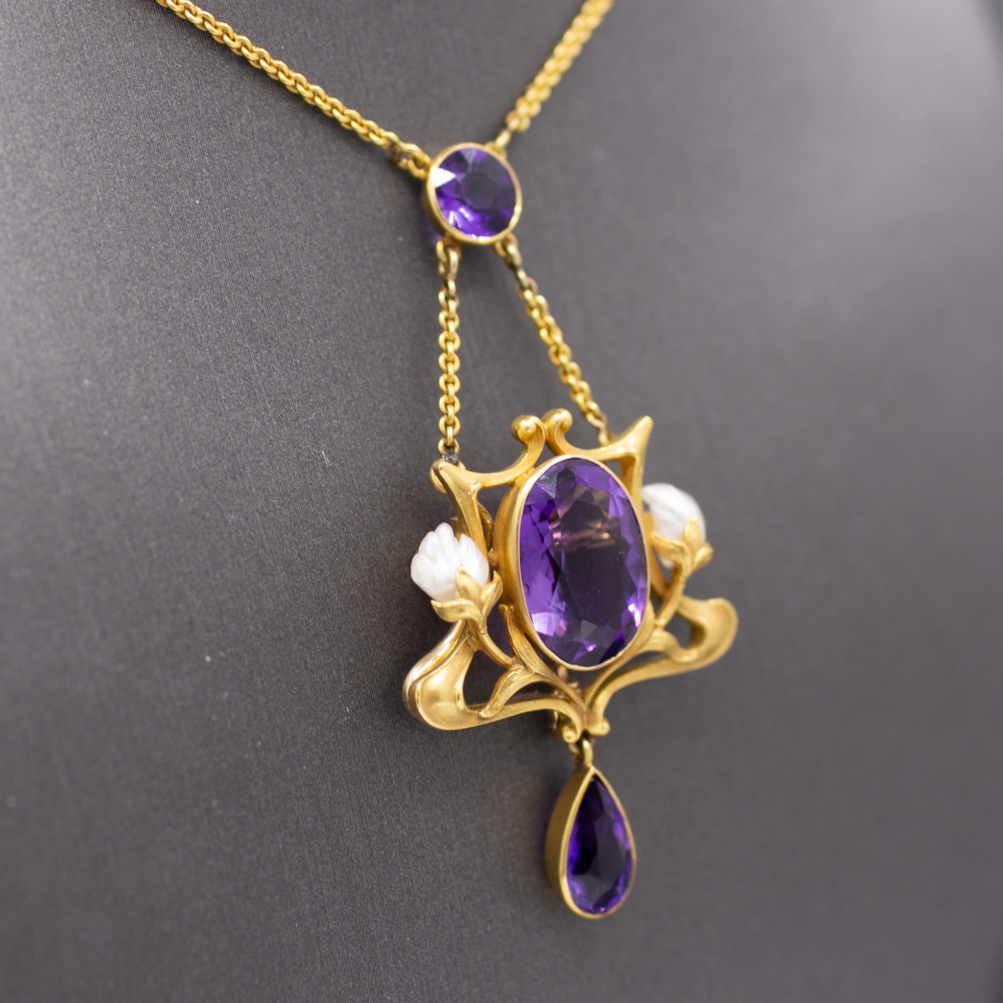Fantastic Art Nouveau Amethyst and Natural Pearl Pendant Necklace and Brooch