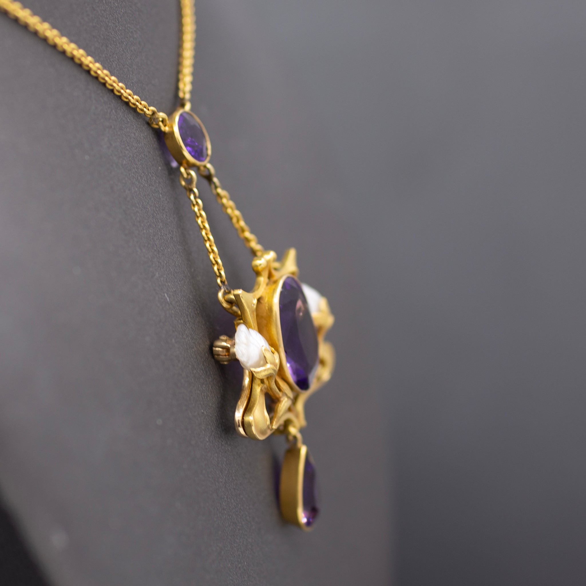 Fantastic Art Nouveau Amethyst and Natural Pearl Pendant Necklace and Brooch