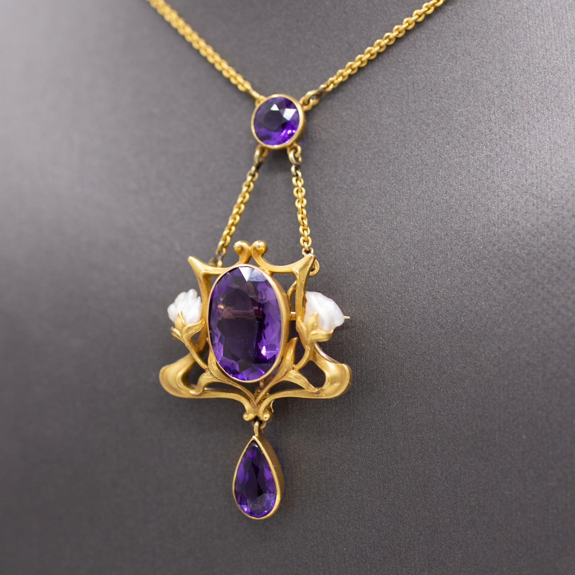 Fantastic Art Nouveau Amethyst and Natural Pearl Pendant Necklace and Brooch
