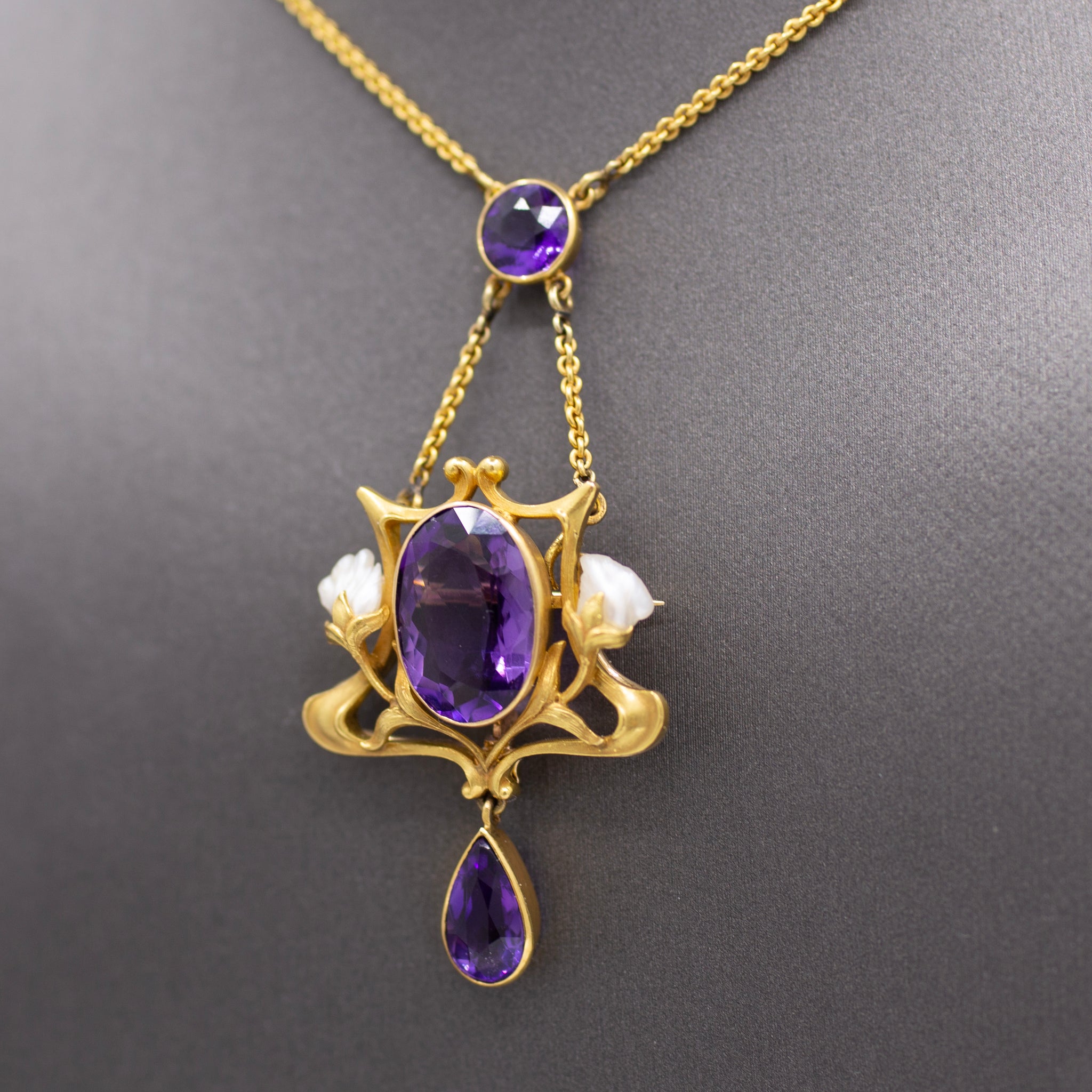 Fantastic Art Nouveau Amethyst and Natural Pearl Pendant Necklace and Brooch