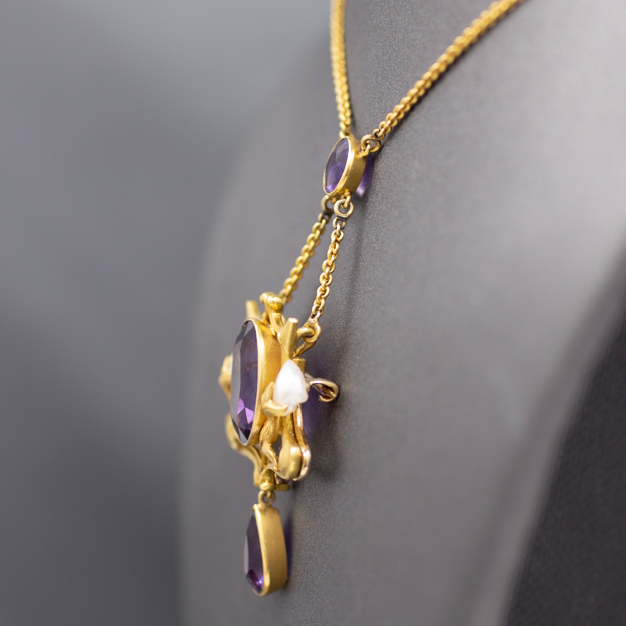 Fantastic Art Nouveau Amethyst and Natural Pearl Pendant Necklace and Brooch