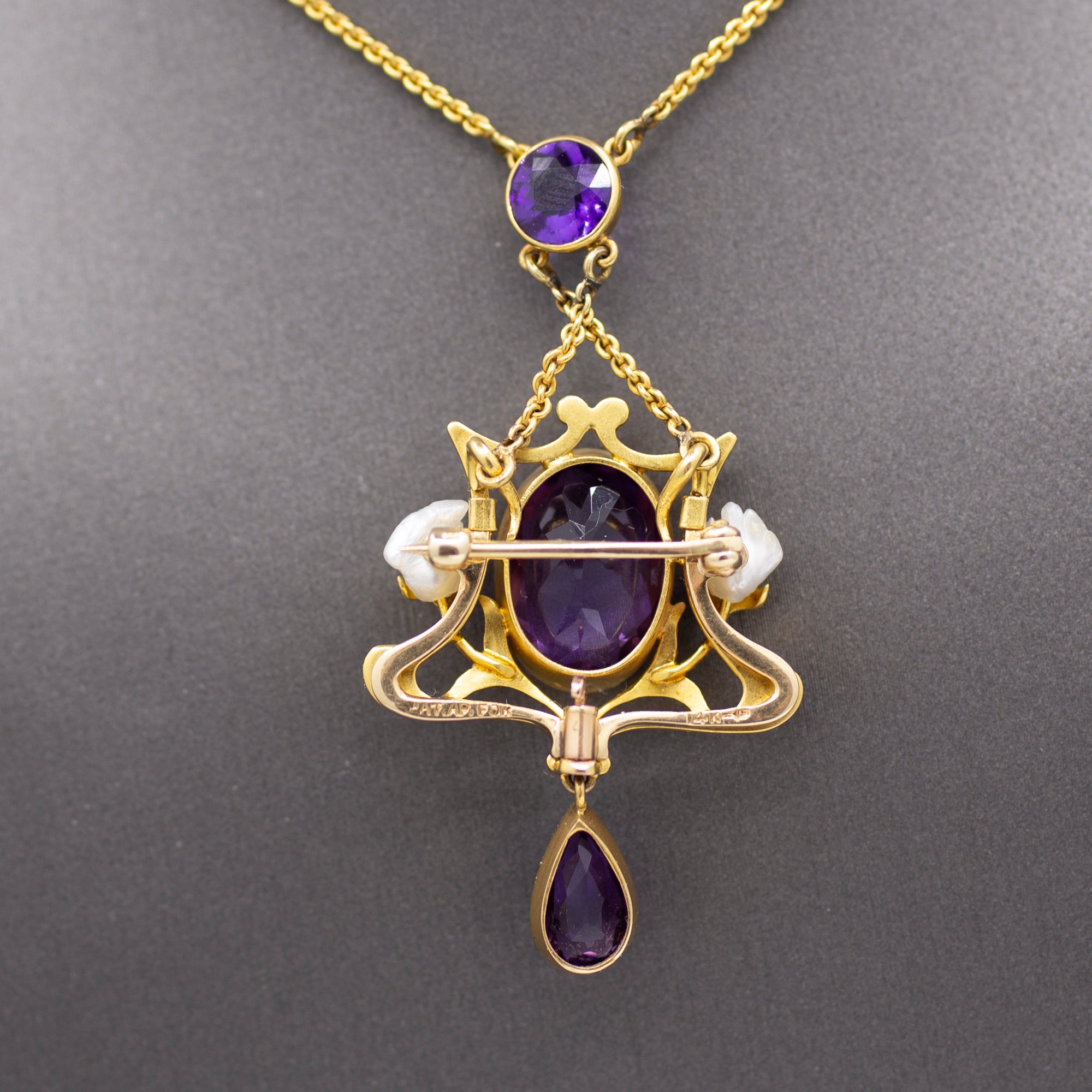 Fantastic Art Nouveau Amethyst and Natural Pearl Pendant Necklace and Brooch