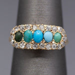 Victorian Shades of Turquoise and Old Cut Diamond Band Ring in 14k Yellow Gold