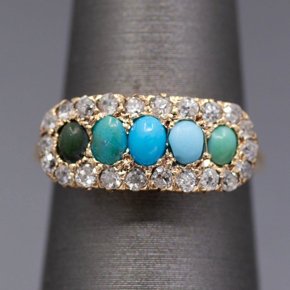Victorian Shades of Turquoise and Old Cut Diamond Band Ring in 14k Yellow Gold