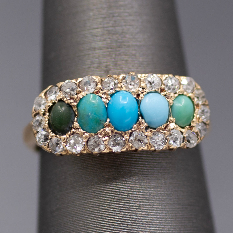 Victorian Shades of Turquoise and Old Cut Diamond Band Ring in 14k Yellow Gold