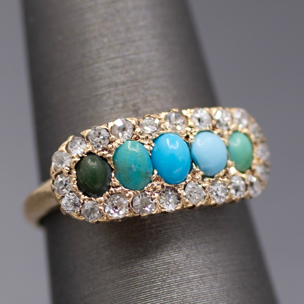 Victorian Shades of Turquoise and Old Cut Diamond Band Ring in 14k Yellow Gold