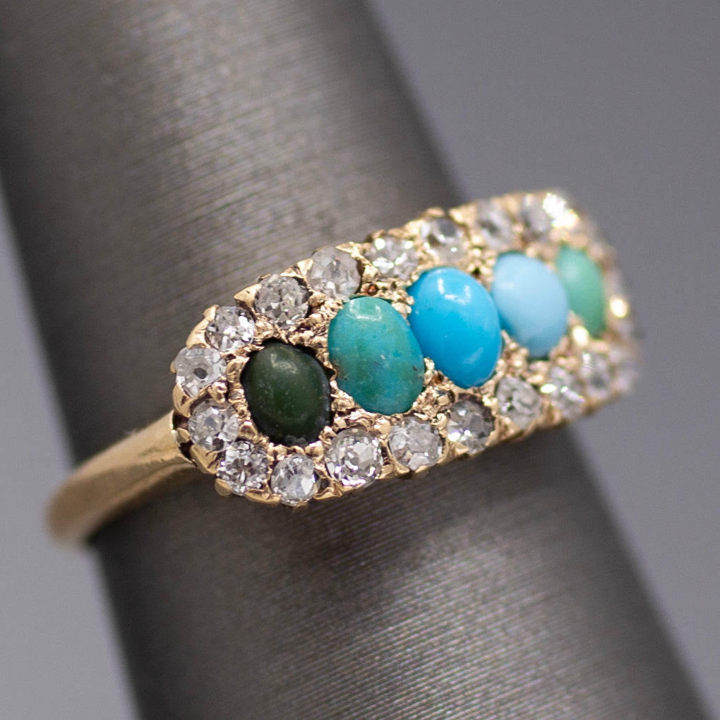 Victorian Shades of Turquoise and Old Cut Diamond Band Ring in 14k Yellow Gold