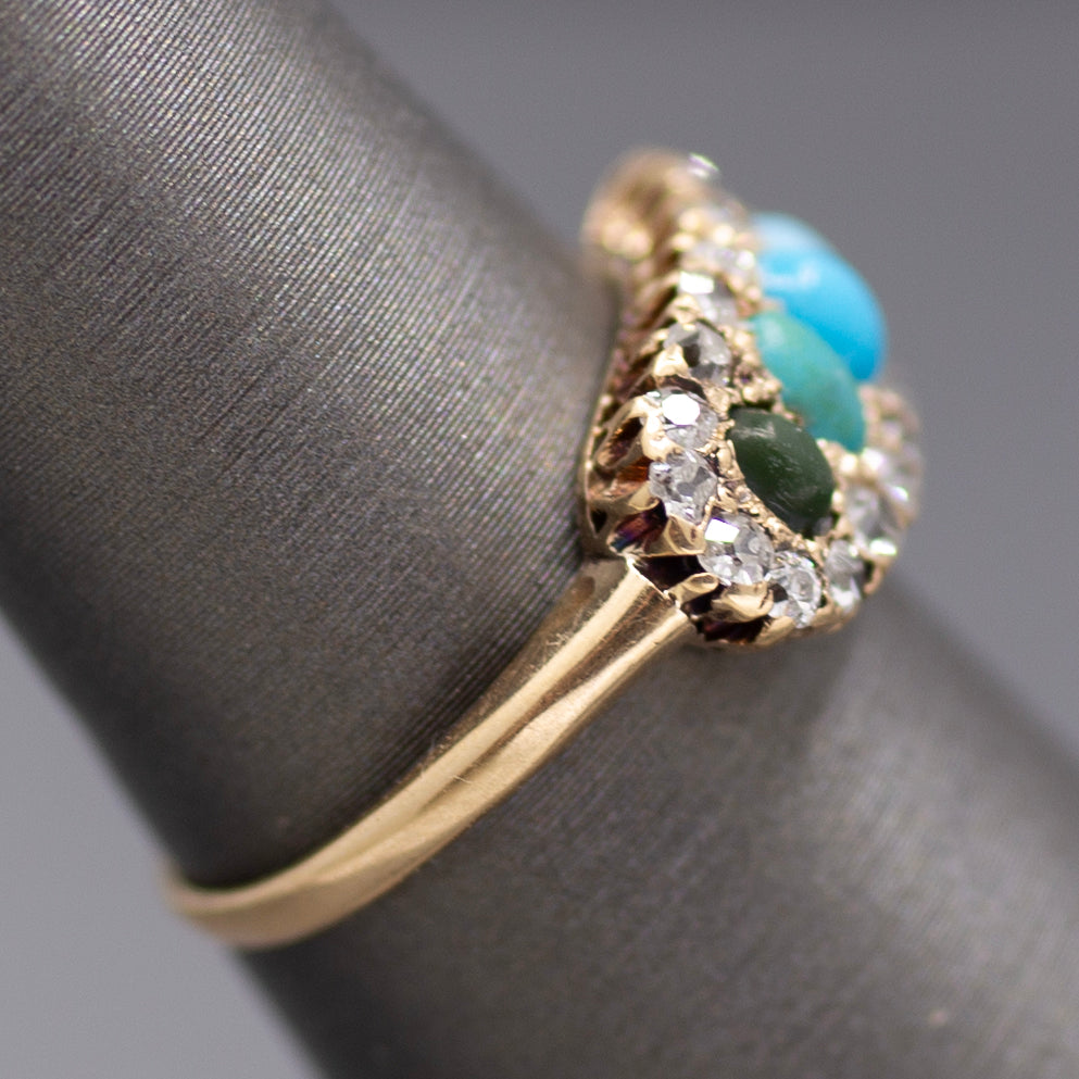 Victorian Shades of Turquoise and Old Cut Diamond Band Ring in 14k Yellow Gold
