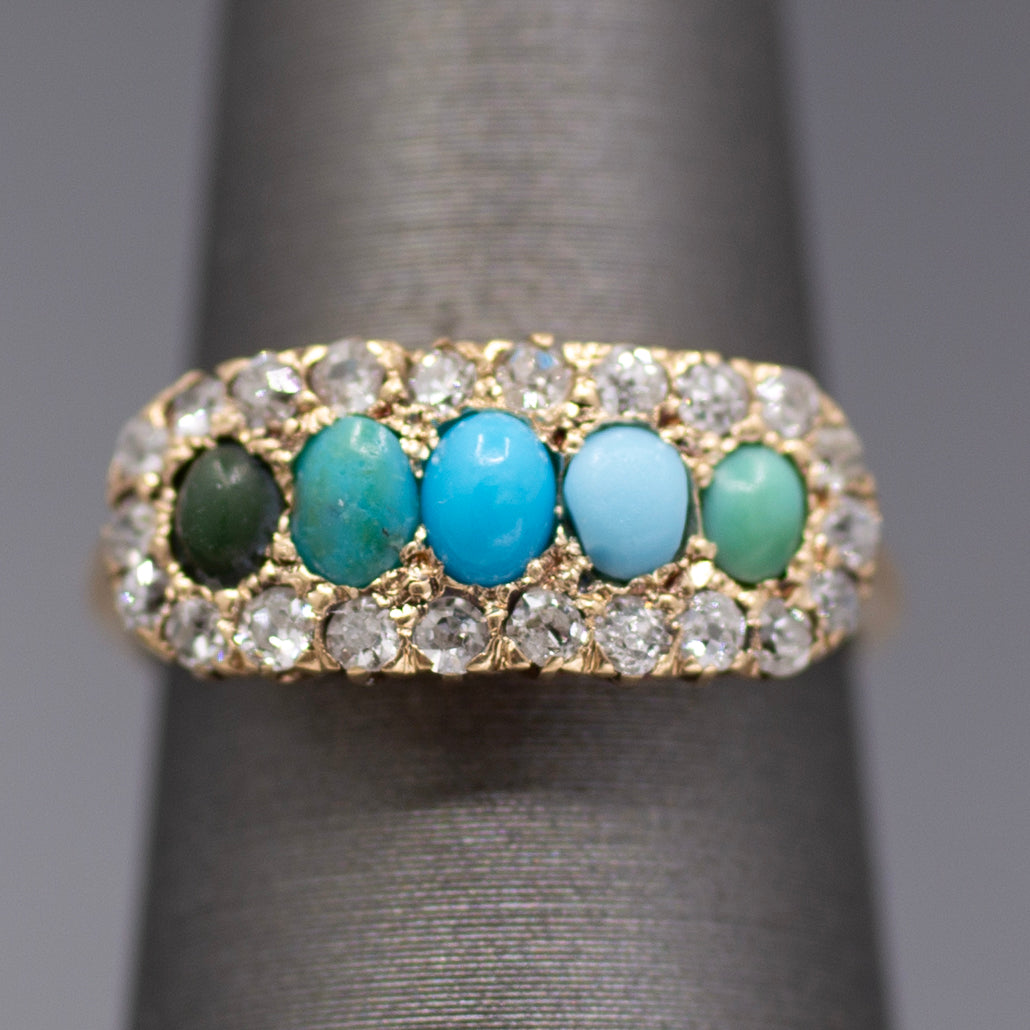 Victorian Shades of Turquoise and Old Cut Diamond Band Ring in 14k Yellow Gold