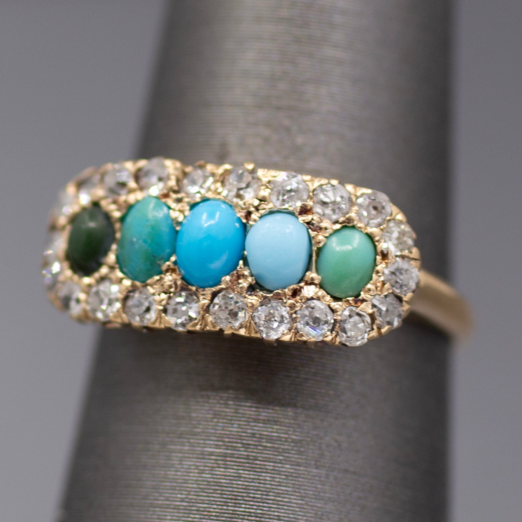 Victorian Shades of Turquoise and Old Cut Diamond Band Ring in 14k Yellow Gold