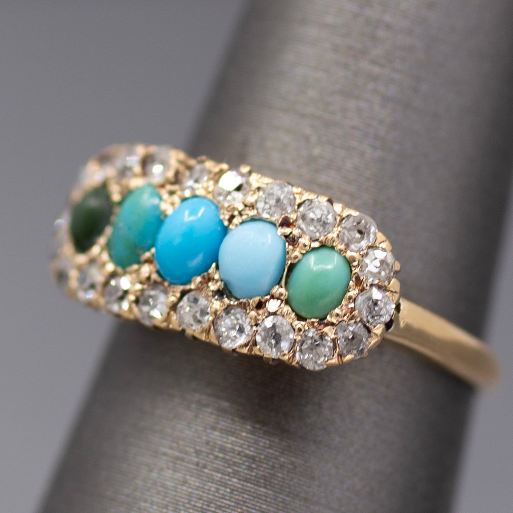 Victorian Shades of Turquoise and Old Cut Diamond Band Ring in 14k Yellow Gold